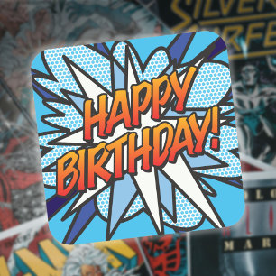 Pegatina Cuadrada FELIZ CUMPLEAÑOS Libro de Cómic Retro Divertido