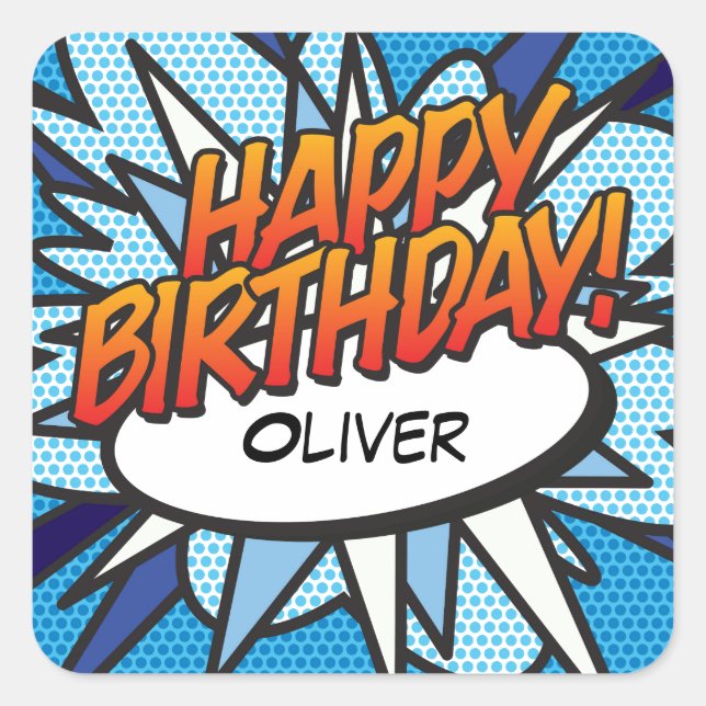 Pegatina Cuadrada FELIZ CUMPLEAÑOS Libro de Cómic Retro Divertido (Anverso)