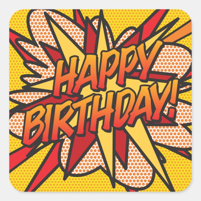 Pegatina Cuadrada FELIZ CUMPLEAÑOS Libro de Cómic Retro Divertido (Anverso)