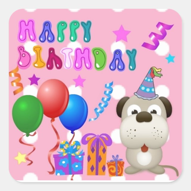Pegatina Cuadrada Feliz cumpleaños lindo cachorro con pastel y regal (Anverso)