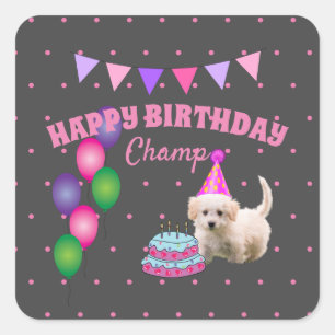 Pegatina Cuadrada Feliz cumpleaños lindo perro con puntos de polka d