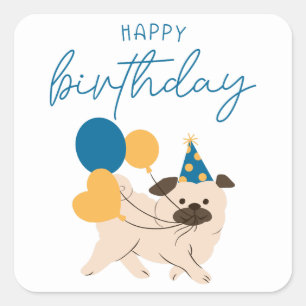 Pegatina Cuadrada Feliz cumpleaños, lindo perro y globos cumpleaños 