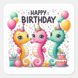 Pegatina Cuadrada Feliz Cumpleaños Lindos Caballitos de Mar Celebran
