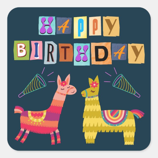 Pegatina Cuadrada Feliz cumpleaños Llama Retro Letras de Papel (Anverso)