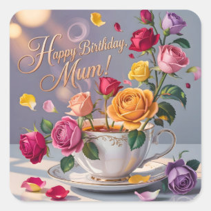 Pegatina Cuadrada Feliz Cumpleaños Mamá Felicitación con Rosas