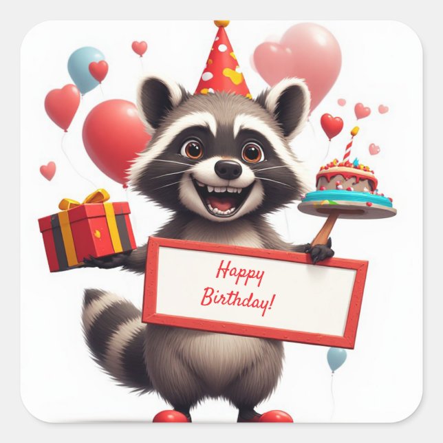 Pegatina Cuadrada Feliz Cumpleaños Mapache con Globos 🎁 (Anverso)