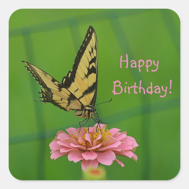 Pegatina Cuadrada Feliz cumpleaños, mariposa (Anverso)