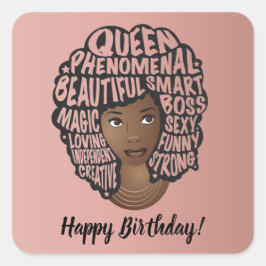 Pegatina Cuadrada Feliz cumpleaños, Motivadoras mujeres negras, rosa