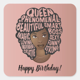 Pegatina Cuadrada Feliz cumpleaños, Motivadoras mujeres negras, rosa