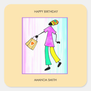 Pegatina Cuadrada Feliz cumpleaños, mujer de moda