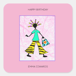 Pegatina Cuadrada Feliz cumpleaños, mujer de moda y elegante