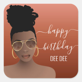 Pegatina Cuadrada Feliz cumpleaños mujer negra dorada cobra cobre