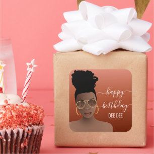Pegatina Cuadrada Feliz cumpleaños mujer negra dorada cobra cobre