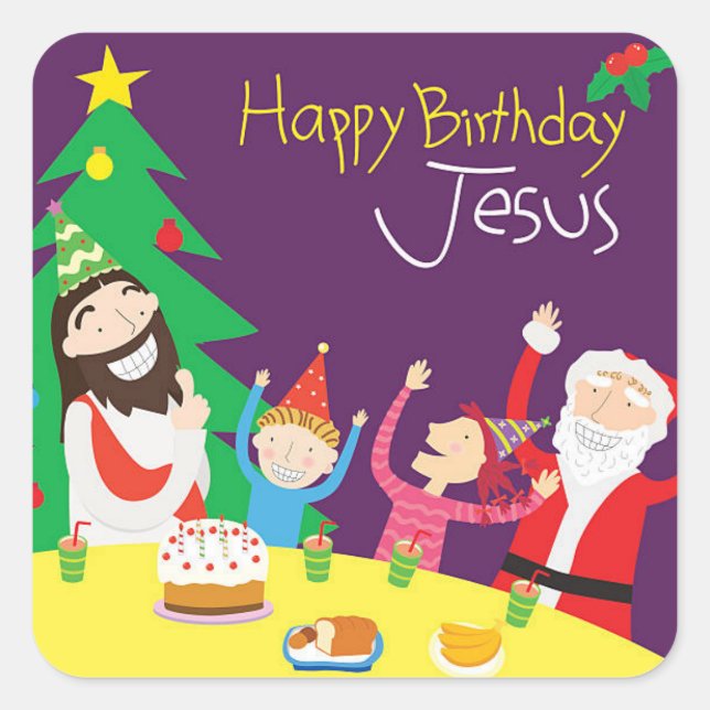 Pegatina Cuadrada Feliz cumpleaños, Navidades de Jesús (Anverso)