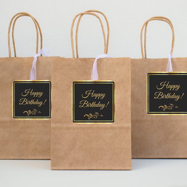 Pegatina Cuadrada Feliz cumpleaños, negro de oro elegante (Subido por el creador)