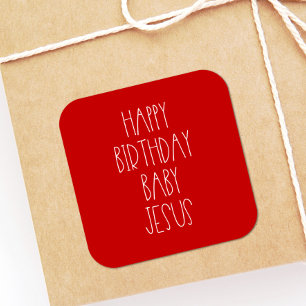 Pegatina Cuadrada Feliz cumpleaños niño Jesús Rojo