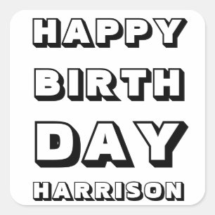 Pegatina Cuadrada Feliz cumpleaños nombre personalizado blanco negro