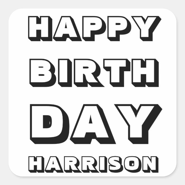 Pegatina Cuadrada Feliz cumpleaños nombre personalizado blanco negro (Anverso)