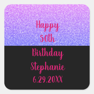 Pegatina Cuadrada Feliz cumpleaños nombre Rosa Purpurinoso oro negro