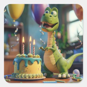 Pegatina Cuadrada Feliz cumpleaños número 3, Dino Divertido, Redondo