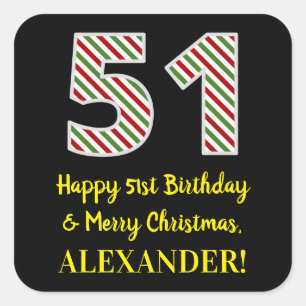 Pegatina Cuadrada Feliz cumpleaños número 51 y Feliz Navidad, nombre