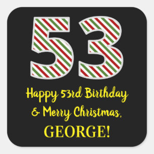 Pegatina Cuadrada Feliz cumpleaños número 53 y Feliz Navidad, nombre