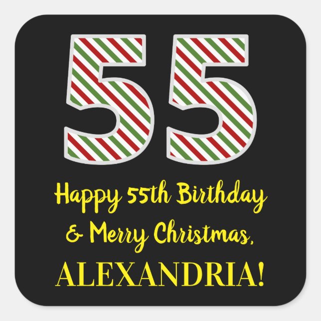 Pegatina Cuadrada Feliz cumpleaños número 55 y Feliz Navidad, nombre (Anverso)
