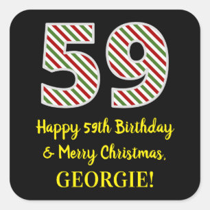 Pegatina Cuadrada Feliz cumpleaños número 59 y Feliz Navidad, nombre
