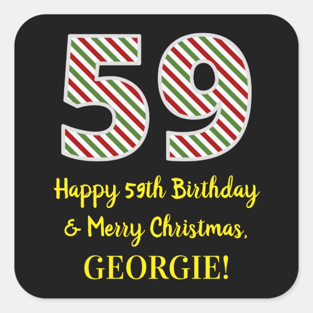 Pegatina Cuadrada Feliz cumpleaños número 59 y Feliz Navidad, nombre (Anverso)