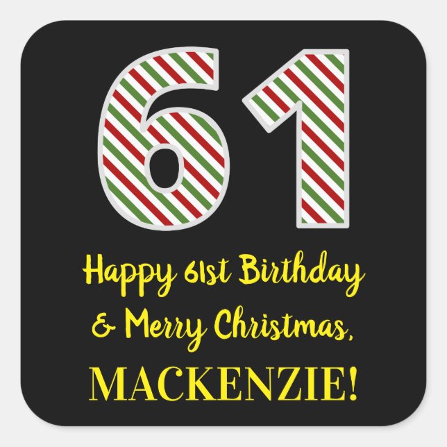 Pegatina Cuadrada Feliz cumpleaños número 61 y Feliz Navidad, nombre (Anverso)
