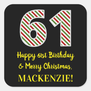 Pegatina Cuadrada Feliz cumpleaños número 61 y Feliz Navidad, nombre