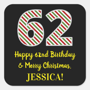 Pegatina Cuadrada Feliz cumpleaños número 62 y Feliz Navidad, nombre