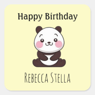 Pegatina Cuadrada Feliz cumpleaños oso panda amarillo lindo