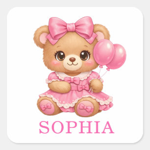 Pegatina Cuadrada Feliz Cumpleaños Oso Rosa Nombre Personalizado