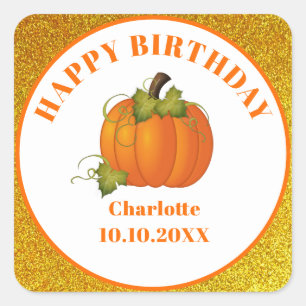 Pegatina Cuadrada Feliz cumpleaños Otoño Hojas de arce y calabazas