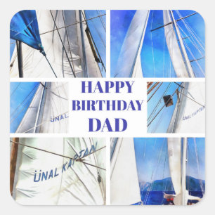 Pegatina Cuadrada Feliz Cumpleaños Papá Collage Artístico de Velero
