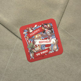 Pegatina Cuadrada Feliz Cumpleaños Para Los Hinchas Animales Rojo Y 