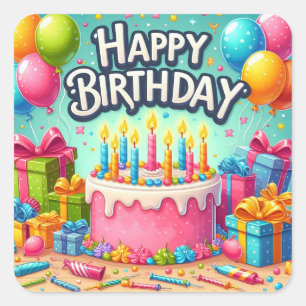 Pegatina Cuadrada Feliz cumpleaños para los niños - Colorido pastel 
