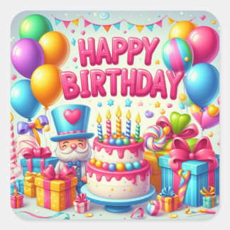 Pegatina Cuadrada Feliz cumpleaños para los niños - Colorido pastel
