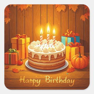 Pegatina Cuadrada Feliz cumpleaños para los niños - Pastel de regalo