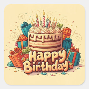 Pegatina Cuadrada Feliz cumpleaños para los niños - Pastel de regalo