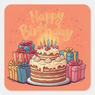 Pegatina Cuadrada Feliz cumpleaños para los niños - Pastel de regalo