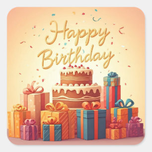 Pegatina Cuadrada Feliz cumpleaños para los niños - Pastel de regalo