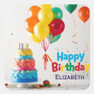 Pegatina Cuadrada Feliz Cumpleaños para Niños - Pastel de Globos Col