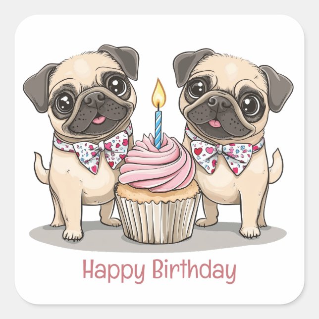 Pegatina Cuadrada Feliz cumpleaños, pastelito de perros pug (Anverso)