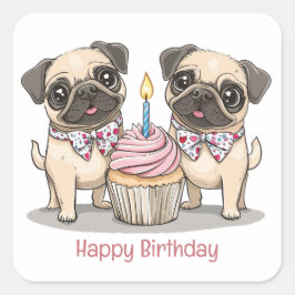 Pegatina Cuadrada Feliz cumpleaños, pastelito de perros pug
