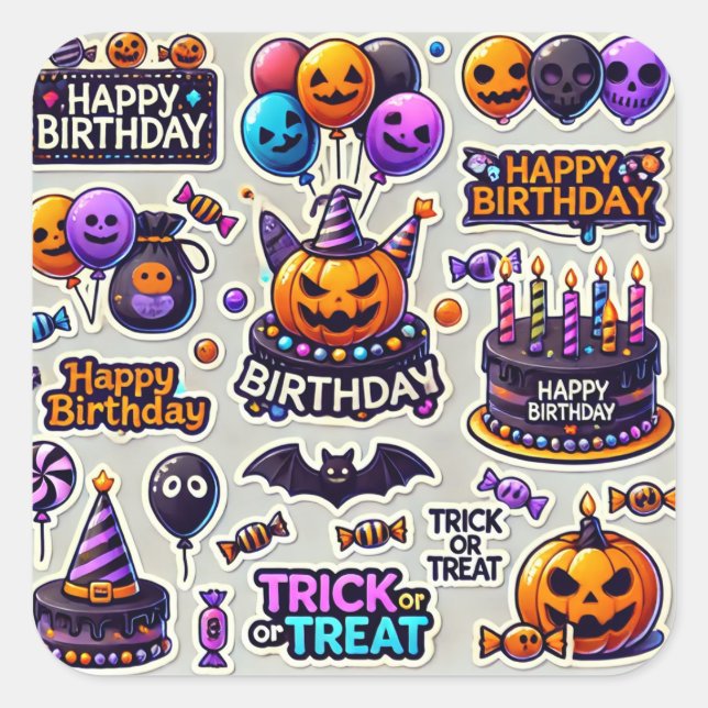 Pegatina Cuadrada Feliz cumpleaños, pegatinas Halloween (Anverso)