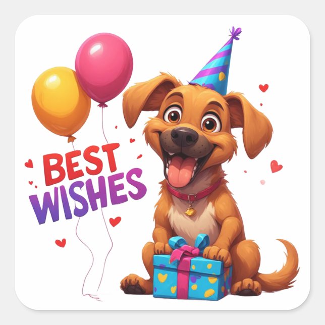 Pegatina Cuadrada 🐶 Feliz Cumpleaños Perro Con Globos De Regalo (Anverso)