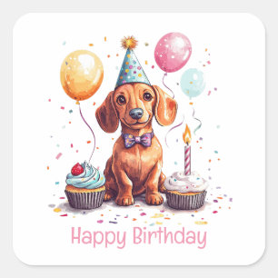 Pegatina Cuadrada Feliz Cumpleaños Perro Dachshund
