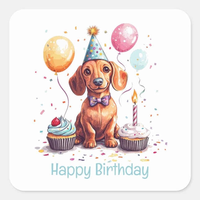 Pegatina Cuadrada Feliz cumpleaños perro Dachshund  (Anverso)